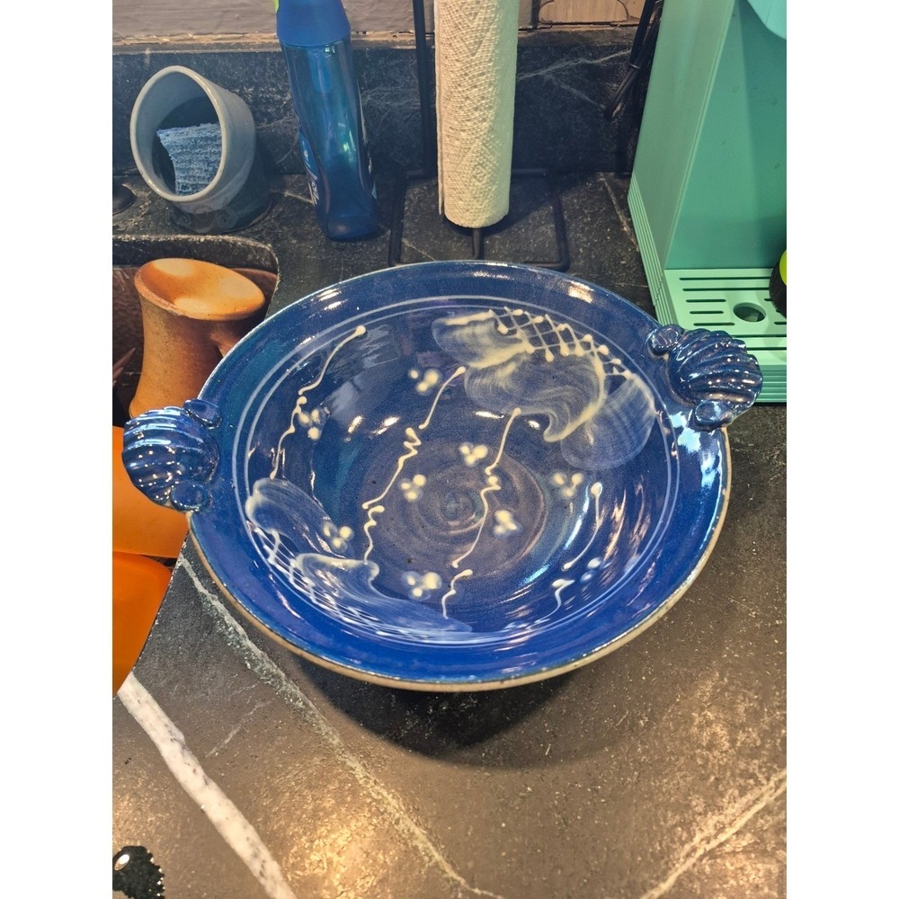 I.B. Remsen Art Pottery Blue Serving‎ Bowl Shell Handles Studio Ceramic Coastal